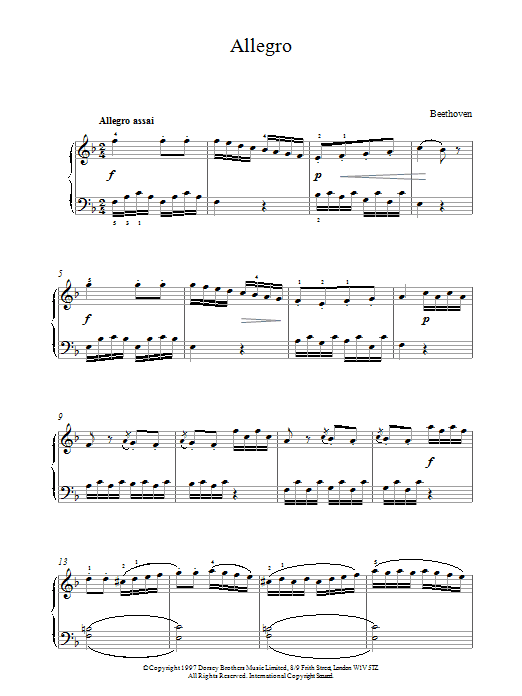Ludwig van Beethoven Allegro In F sheet music notes and chords arranged for Piano Solo