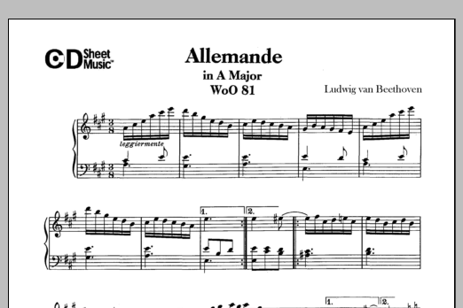Learn to play Ludwig van Beethoven Allemande In A Major, Woo 81 sheet music for Piano Solo in minutes. Price: 6.9900$ Ludwig van Beethoven Allemande In A Major, Woo 81 sheet music notes and chords arranged for Piano Solo