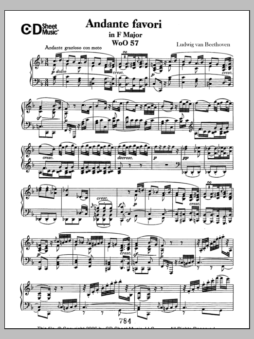 Learn to play Ludwig van Beethoven Andante Favori in F Major, WoO 57 sheet music for Piano Solo in minutes. Price: 6.9900$ Ludwig van Beethoven Andante Favori in F Major, WoO 57 sheet music notes and chords arranged for Piano Solo