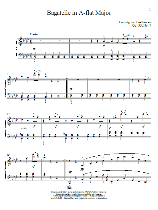 Ludwig van Beethoven Bagatelle In A-flat Major, Op. 33, No. 7 sheet music notes and chords arranged for Piano Solo