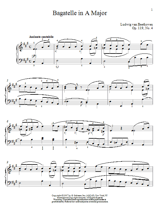 Ludwig van Beethoven Bagatelle In A Major, Op. 119, No. 4 sheet music notes and chords arranged for Piano Solo