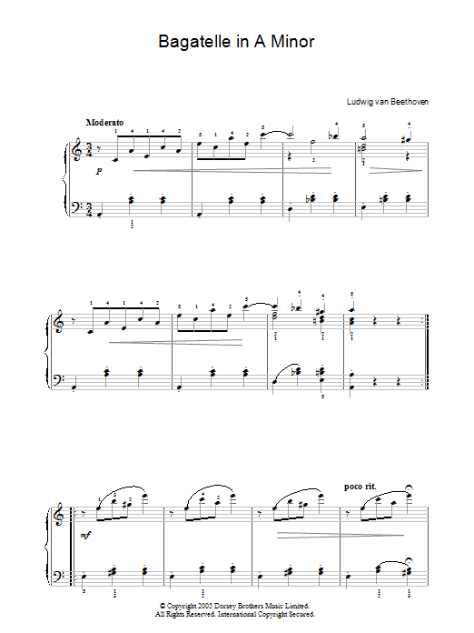 Ludwig van Beethoven Bagatelle In A Minor sheet music notes and chords arranged for Piano Solo