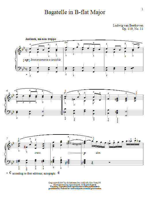 Ludwig van Beethoven Bagatelle In B-flat Major, Op. 119, No. 11 sheet music notes and chords arranged for Piano Solo