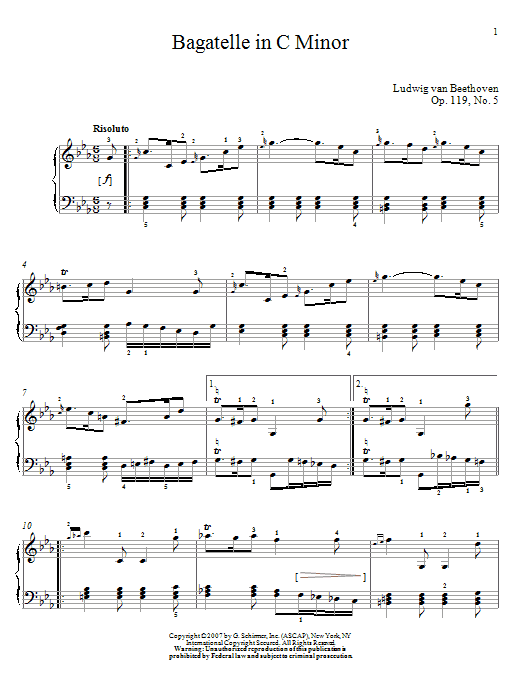 Ludwig van Beethoven Bagatelle In C Minor, Op. 119, No. 5 sheet music notes and chords arranged for Piano Solo