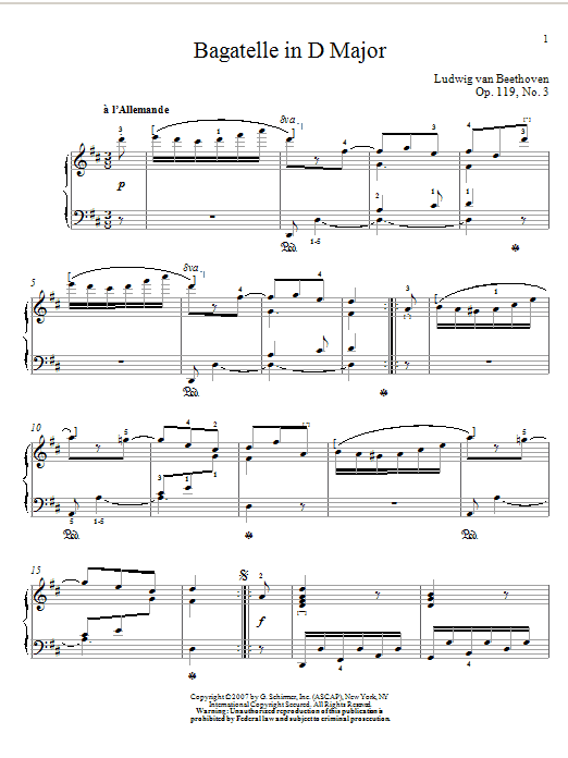 Ludwig van Beethoven Bagatelle In D Major, Op. 119, No. 3 sheet music notes and chords arranged for Piano Solo