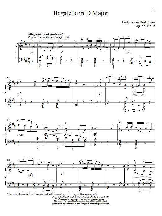 Ludwig van Beethoven Bagatelle In D Major, Op. 33, No. 6 sheet music notes and chords arranged for Piano Solo