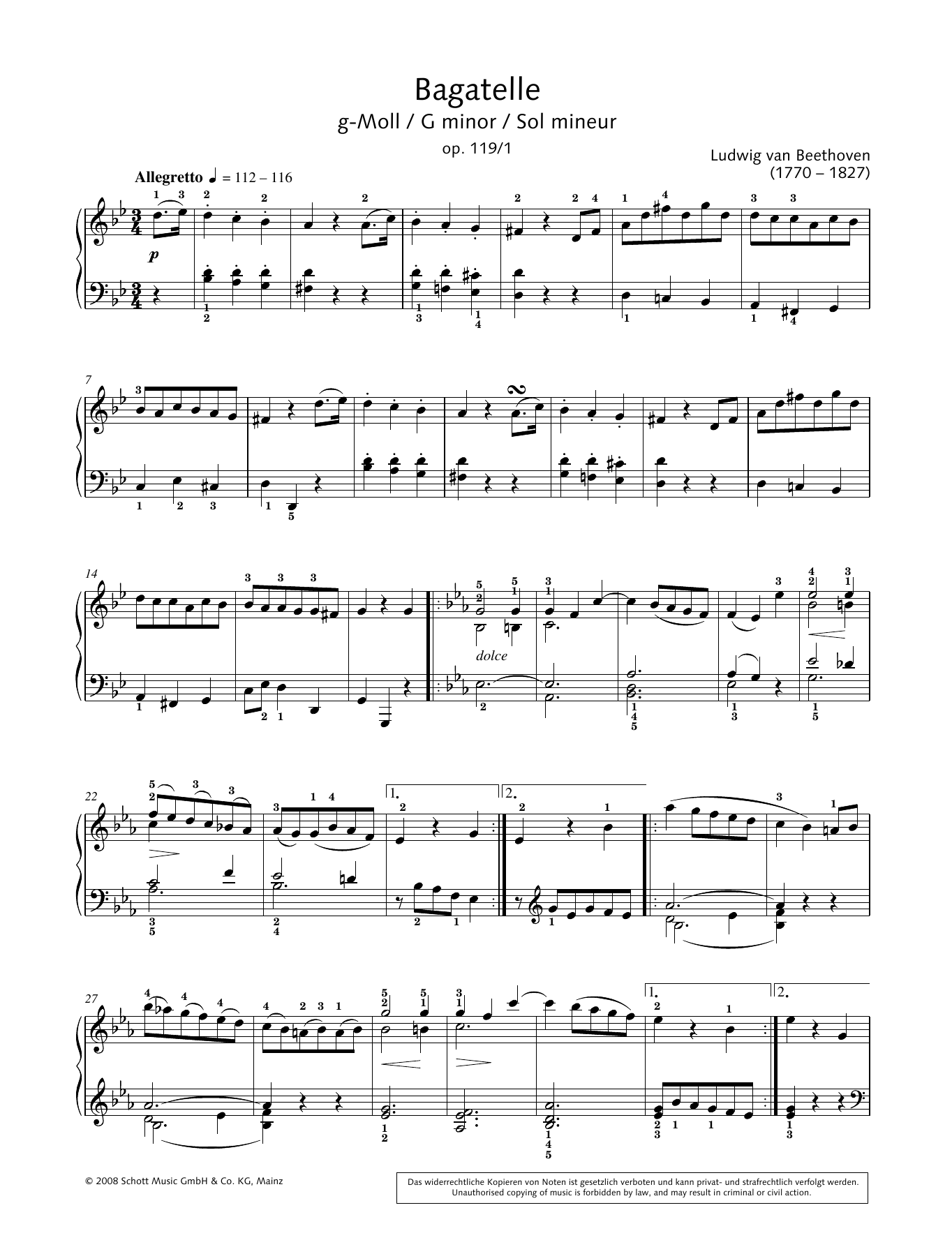 Ludwig van Beethoven Bagatelle in G minor sheet music notes and chords. Download Printable PDF.