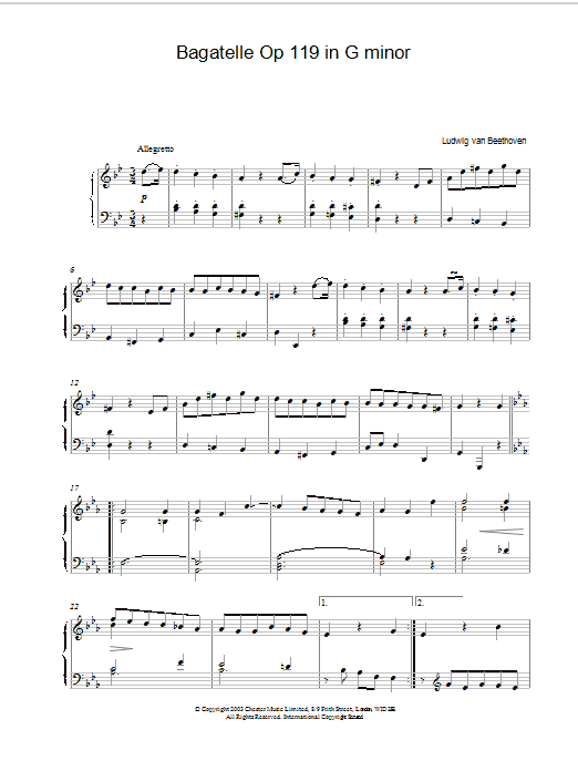 Ludwig van Beethoven Bagatelle In G Minor, Op. 119, No. 1 sheet music notes and chords. Download Printable PDF.