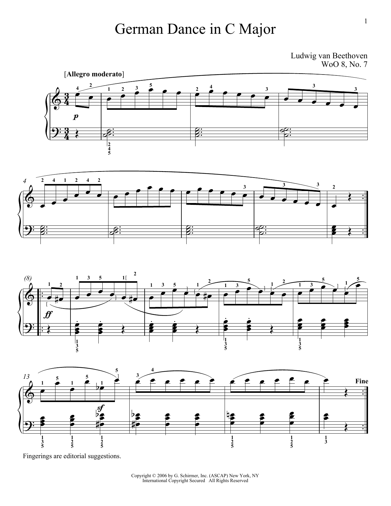 Ludwig van Beethoven German Dance In C Major, WoO 8, No. 1 sheet music notes and chords arranged for Piano Solo