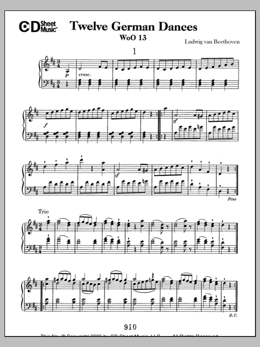Learn to play Ludwig van Beethoven German Dances (12), Woo 13 sheet music for Piano Solo in minutes. Price: 6.9900$ Ludwig van Beethoven German Dances (12), Woo 13 sheet music notes and chords arranged for Piano Solo