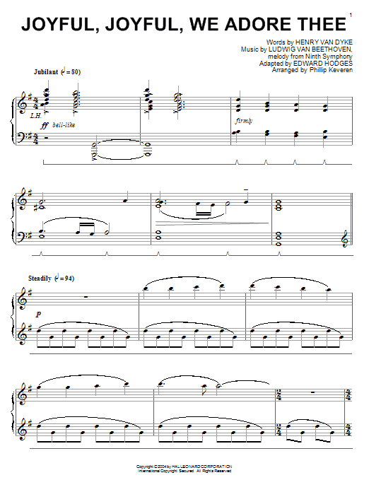 Learn to play Ludwig van Beethoven Joyful, Joyful, We Adore Thee sheet music for Piano Solo in minutes. Price: 7.8900$ Ludwig van Beethoven Joyful, Joyful, We Adore Thee sheet music notes and chords arranged for Piano Solo
