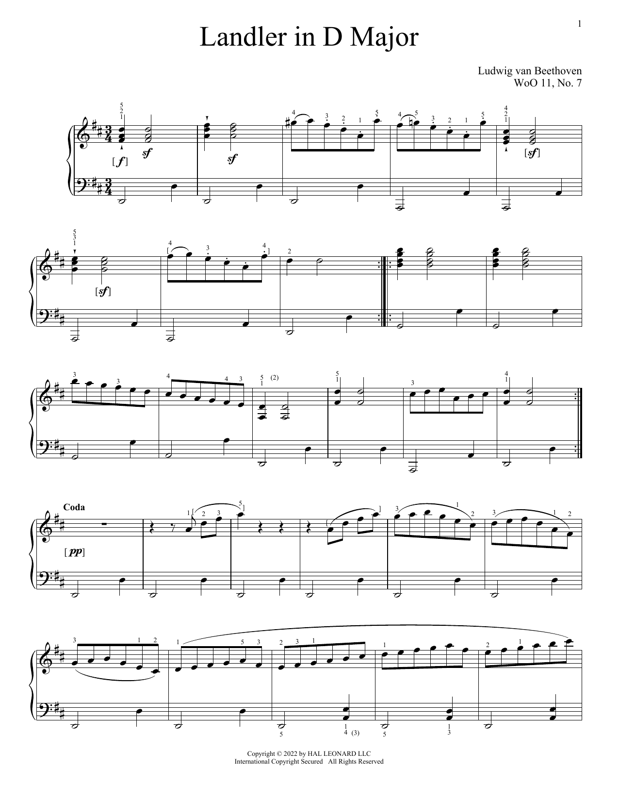 Learn to play Ludwig van Beethoven Landler In D Major, WoO 11, No. 7 sheet music for Piano Solo in minutes. Price: 7.8900$ Ludwig van Beethoven Landler In D Major, WoO 11, No. 7 sheet music notes and chords arranged for Piano Solo
