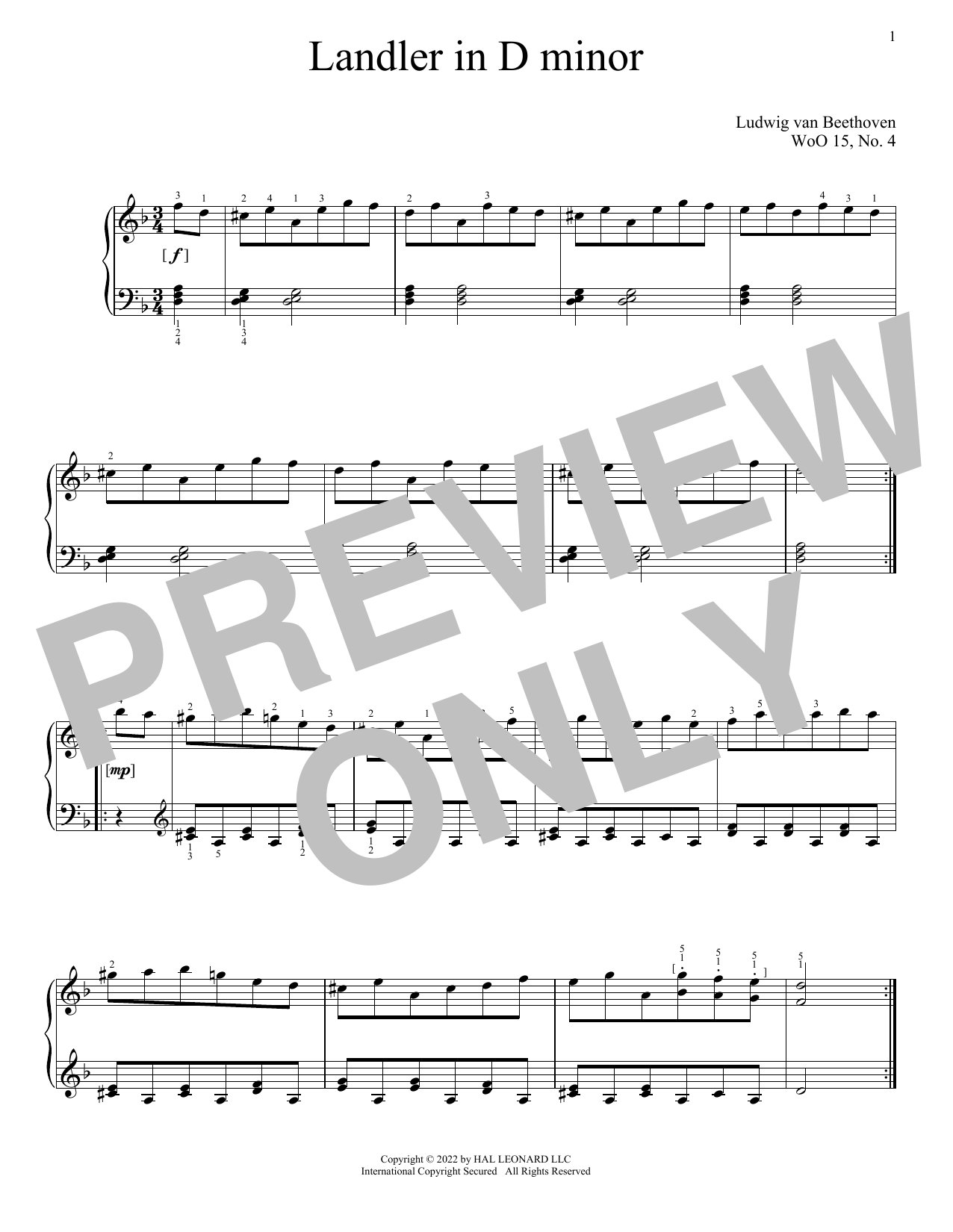Learn to play Ludwig van Beethoven Landler In D Minor, WoO 15, No. 4 sheet music for Piano Solo in minutes. Price: 7.8900$ Ludwig van Beethoven Landler In D Minor, WoO 15, No. 4 sheet music notes and chords arranged for Piano Solo