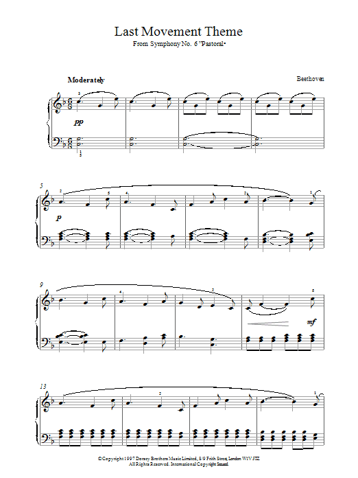 Ludwig van Beethoven Symphony No.6 In F Major (Pastoral), 5th Movement sheet music notes and chords arranged for Piano Solo