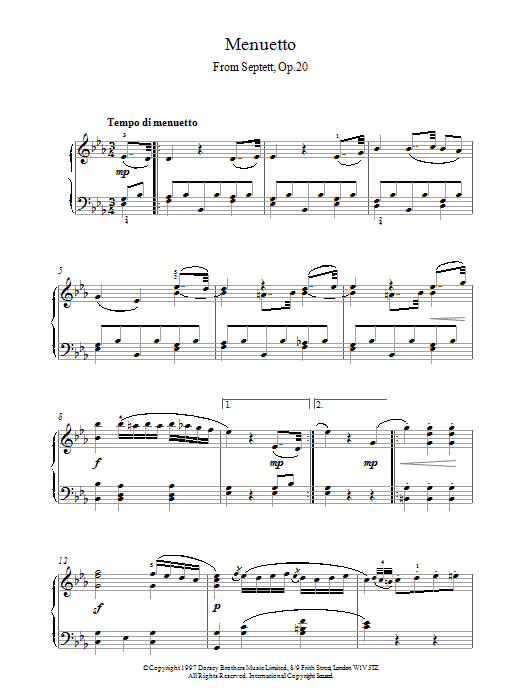 Ludwig van Beethoven Menuett From Septet Op.20 sheet music notes and chords arranged for Piano Solo