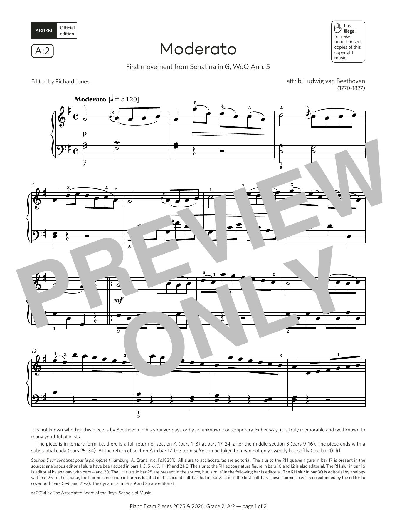 Ludwig van Beethoven Moderato (Grade 2, list A2, from the ABRSM Piano Syllabus 2025 & 2026) sheet music notes and chords. Download Printable PDF.