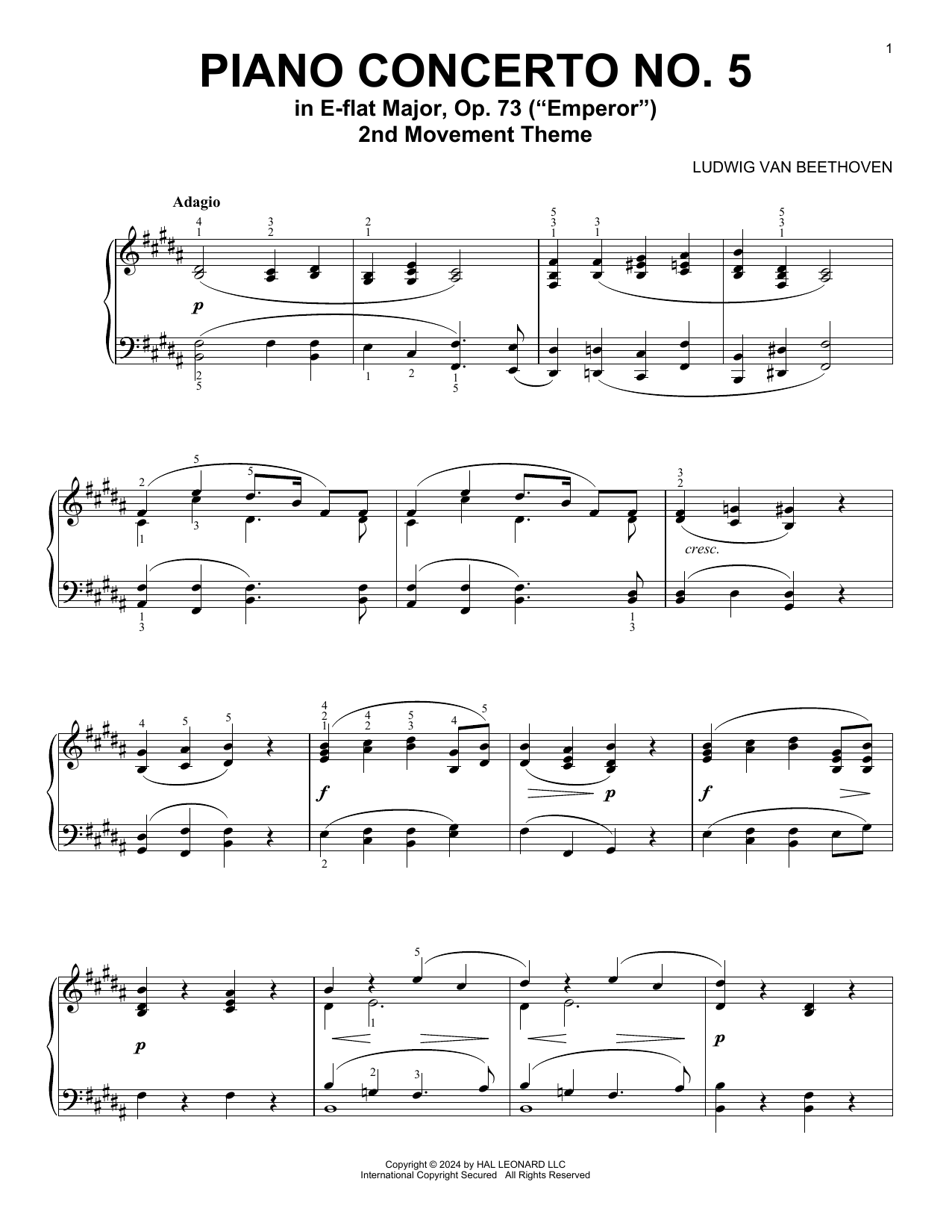 Ludwig van Beethoven Piano Concerto No. 5, 2nd Movement sheet music notes and chords. Download Printable PDF.