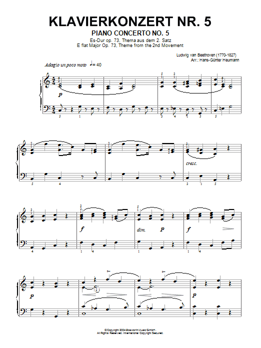 Ludwig van Beethoven Piano Concerto No.5 (Emperor), E Flat Major, Op.73, Theme from the 2nd Movement sheet music notes and chords. Download Printable PDF.