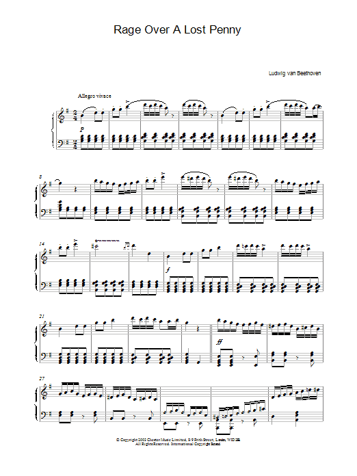 Learn to play Ludwig van Beethoven Rondo A Capriccio (Rage Over A Lost Penny), Theme from Op.129 sheet music for Piano Solo in minutes. Price: 7.8900$ Ludwig van Beethoven Rondo A Capriccio (Rage Over A Lost Penny), Theme from Op.129 sheet music notes and chords arranged for Piano Solo