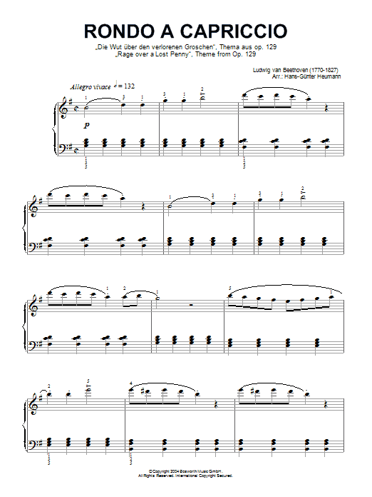 Learn to play Ludwig van Beethoven Rondo A Capriccio (Rage Over A Lost Penny), Theme from Op.129 sheet music for Piano Solo in minutes. Price: 7.8900$ Ludwig van Beethoven Rondo A Capriccio (Rage Over A Lost Penny), Theme from Op.129 sheet music notes and chords arranged for Piano Solo