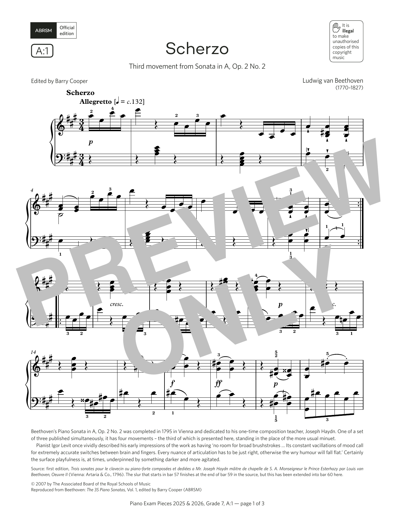 Ludwig van Beethoven Scherzo (Grade 7, list A1, from the ABRSM Piano Syllabus 2025 & 2026) sheet music notes and chords. Download Printable PDF.