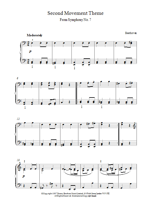 Ludwig van Beethoven Symphony No.7, 2nd Movement Theme sheet music notes and chords arranged for Piano Solo