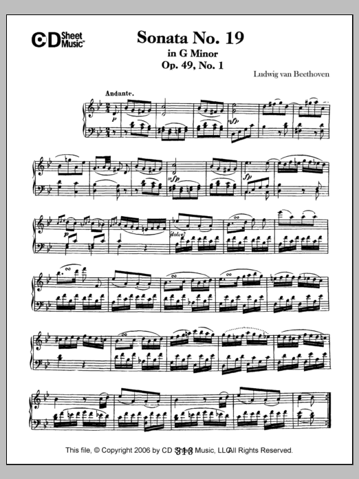 Learn to play Ludwig van Beethoven Sonata No. 19 In G Minor, Op. 49, No. 1 sheet music for Piano Solo in minutes. Price: 6.9900$ Ludwig van Beethoven Sonata No. 19 In G Minor, Op. 49, No. 1 sheet music notes and chords arranged for Piano Solo