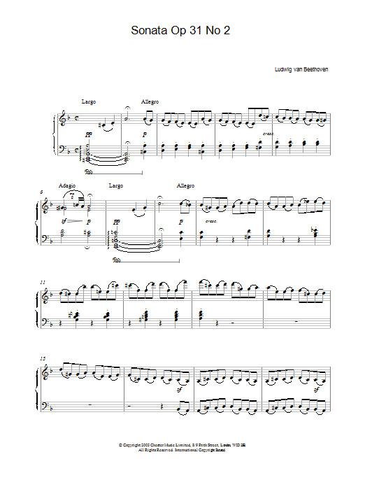 Learn to play Ludwig van Beethoven Sonata Op.31 No.2 sheet music for Piano Solo in minutes. Price: 7.8900$ Ludwig van Beethoven Sonata Op.31 No.2 sheet music notes and chords arranged for Piano Solo