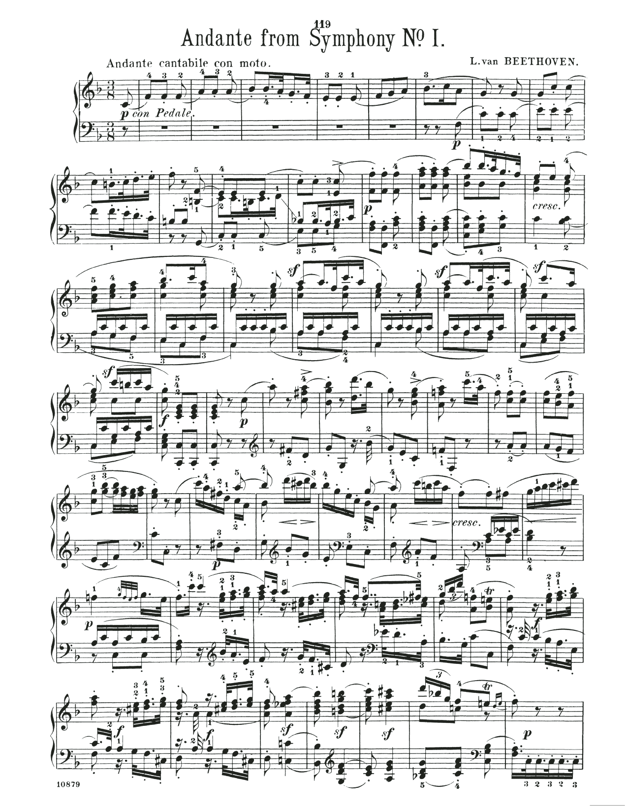 Ludwig van Beethoven Symphony No. 1, Andante, Second Movement sheet music notes and chords arranged for Piano Solo