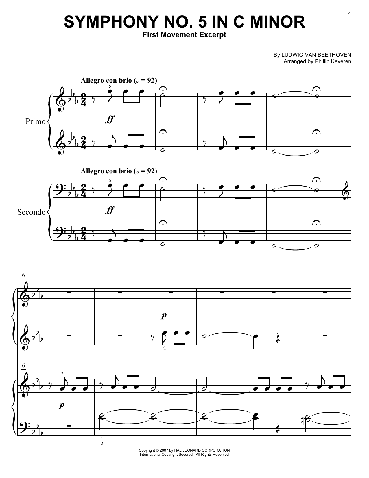 Phillip Keveren Symphony No. 5 In C Minor, First Movement Excerpt sheet music notes and chords. Download Printable PDF.