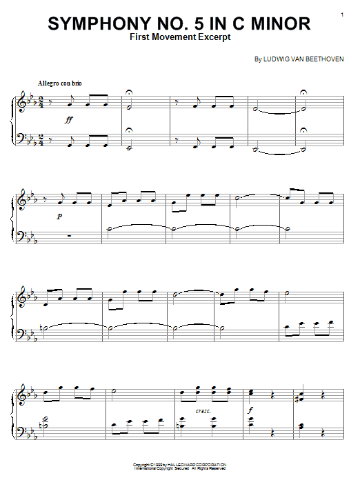 Ludwig van Beethoven Symphony No. 5 In C Minor, First Movement Excerpt sheet music notes and chords. Download Printable PDF.