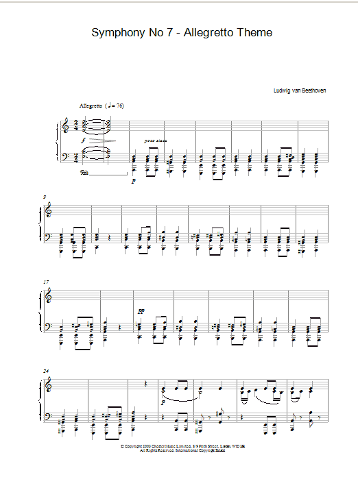Learn to play Ludwig van Beethoven Symphony No. 7 - Allegretto Theme sheet music for Piano Solo in minutes. Price: 7.8900$ Ludwig van Beethoven Symphony No. 7 - Allegretto Theme sheet music notes and chords arranged for Piano Solo