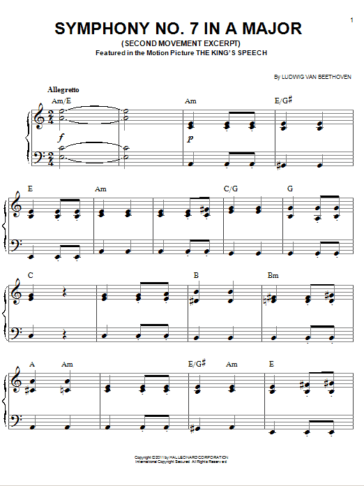 Ludwig van Beethoven Symphony No. 7 In A Major, Second Movement (Allegretto) sheet music notes and chords arranged for Violin Solo