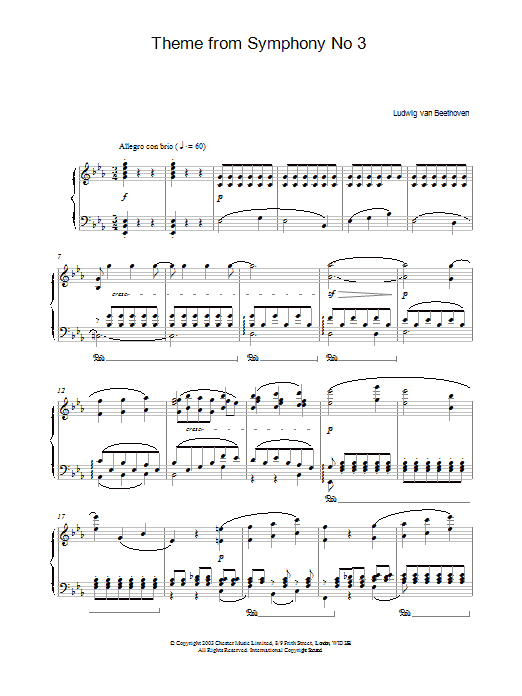 Learn to play Ludwig van Beethoven Theme from Symphony No. 3 (Eroica), 1st Movement sheet music for Piano Solo in minutes. Price: 7.8900$ Ludwig van Beethoven Theme from Symphony No. 3 (Eroica), 1st Movement sheet music notes and chords arranged for Piano Solo