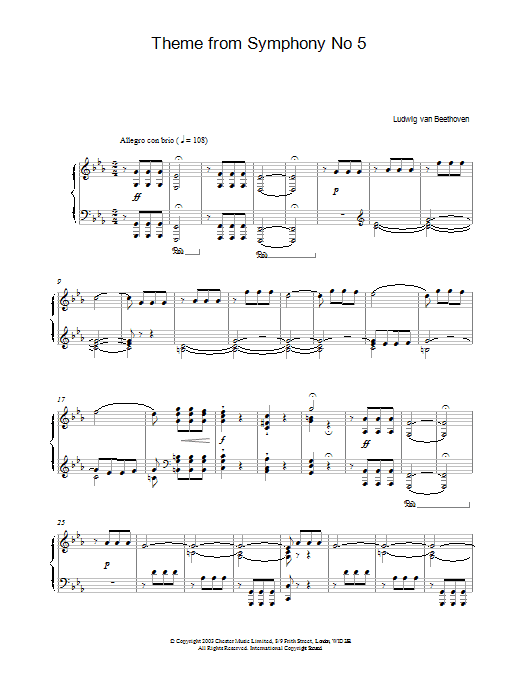 Learn to play Ludwig van Beethoven Theme from Symphony No. 5, Op. 67 (1st Movement) sheet music for Piano Solo in minutes. Price: 7.8900$ Ludwig van Beethoven Theme from Symphony No. 5, Op. 67 (1st Movement) sheet music notes and chords arranged for Piano Solo