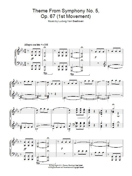 Ludwig van Beethoven Theme from Symphony No. 5, Op. 67 (1st Movement) sheet music notes and chords. Download Printable PDF.