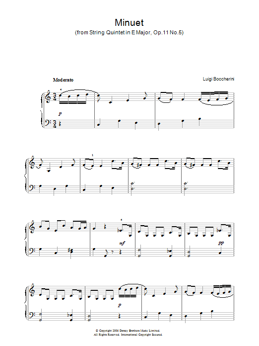 Luigi Boccherini Minuet (from String Quintet in E Major, Op.11 No.5) sheet music notes and chords arranged for Beginner Piano (Abridged)