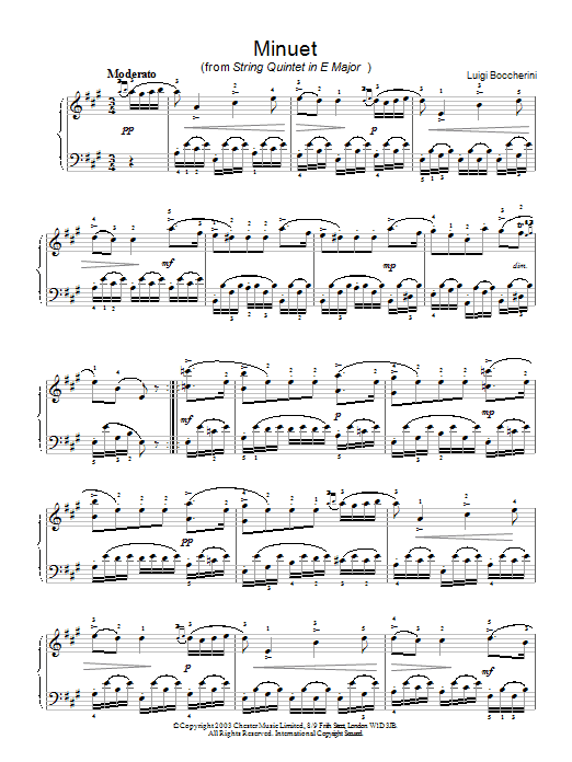 Learn to play Luigi Boccherini Minuet (from String Quintet in E Major, Op.11 No.5) sheet music for Piano Solo in minutes. Price: 7.8900$ Luigi Boccherini Minuet (from String Quintet in E Major, Op.11 No.5) sheet music notes and chords arranged for Piano Solo