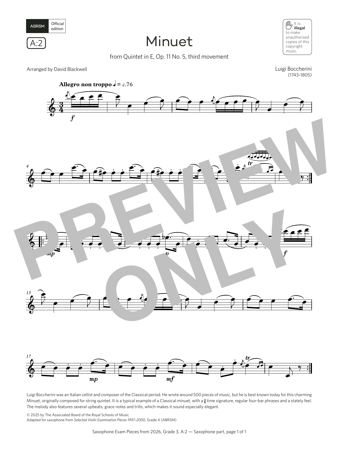 Learn to play Luigi Boccherini Minuet (Grade 3, list A2, from the ABRSM Saxophone Syllabus from 2026) sheet music for Alto Sax Solo in minutes. Price: 5.9900$ Luigi Boccherini Minuet (Grade 3, list A2, from the ABRSM Saxophone Syllabus from 2026) sheet music notes and chords arranged for Alto Sax Solo