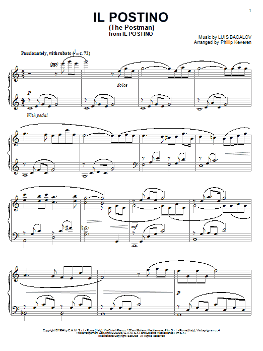 Learn to play Luis Bacalov Il Postino (The Postman) sheet music for Piano Solo in minutes. Price: 7.8900$ Luis Bacalov Il Postino (The Postman) sheet music notes and chords arranged for Piano Solo