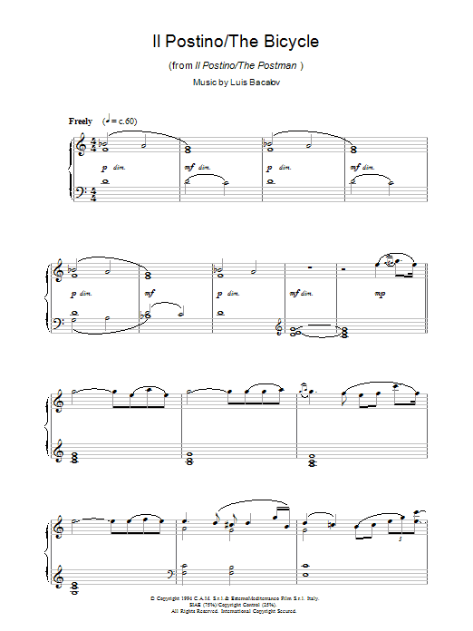 Learn to play Luis Bacalov Il Postino/The Bicycle (from Il Postino/The Postman) sheet music for Piano Solo in minutes. Price: 7.8900$ Luis Bacalov Il Postino/The Bicycle (from Il Postino/The Postman) sheet music notes and chords arranged for Piano Solo