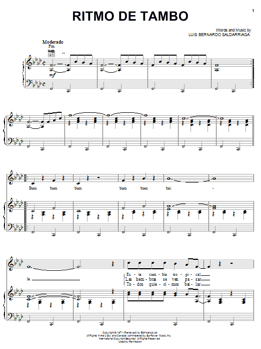 Learn to play Luis Bernardo Saldarriaga Ritmo De Tambo sheet music for Piano, Vocal & Guitar Chords (Right-Hand Melody) in minutes. Price: 7.8900$ Luis Bernardo Saldarriaga Ritmo De Tambo sheet music notes and chords arranged for Piano, Vocal & Guitar Chords (Right-Hand Melody)