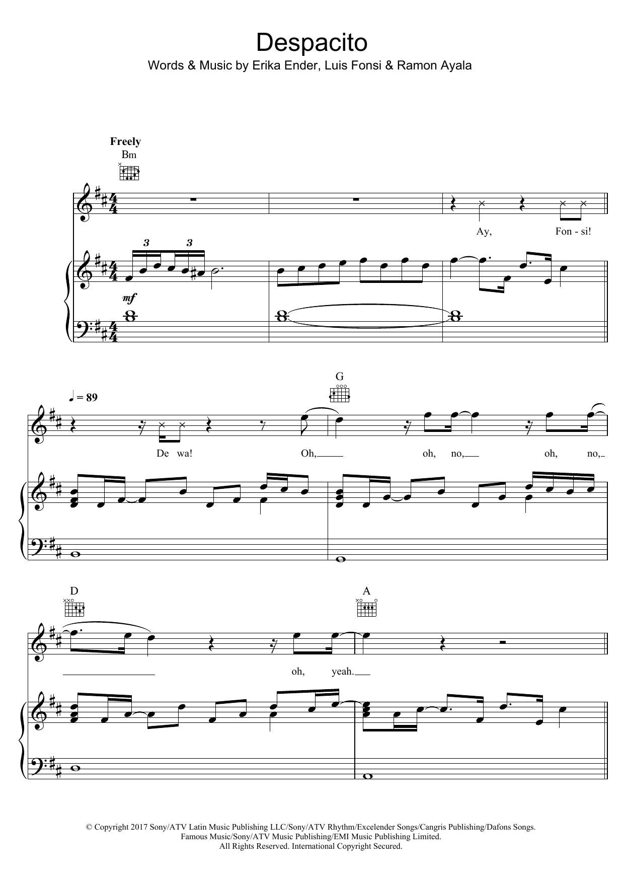 Luis Fonsi Despacito (feat. Daddy Yankee) sheet music notes and chords arranged for Piano, Vocal & Guitar Chords (Right-Hand Melody)