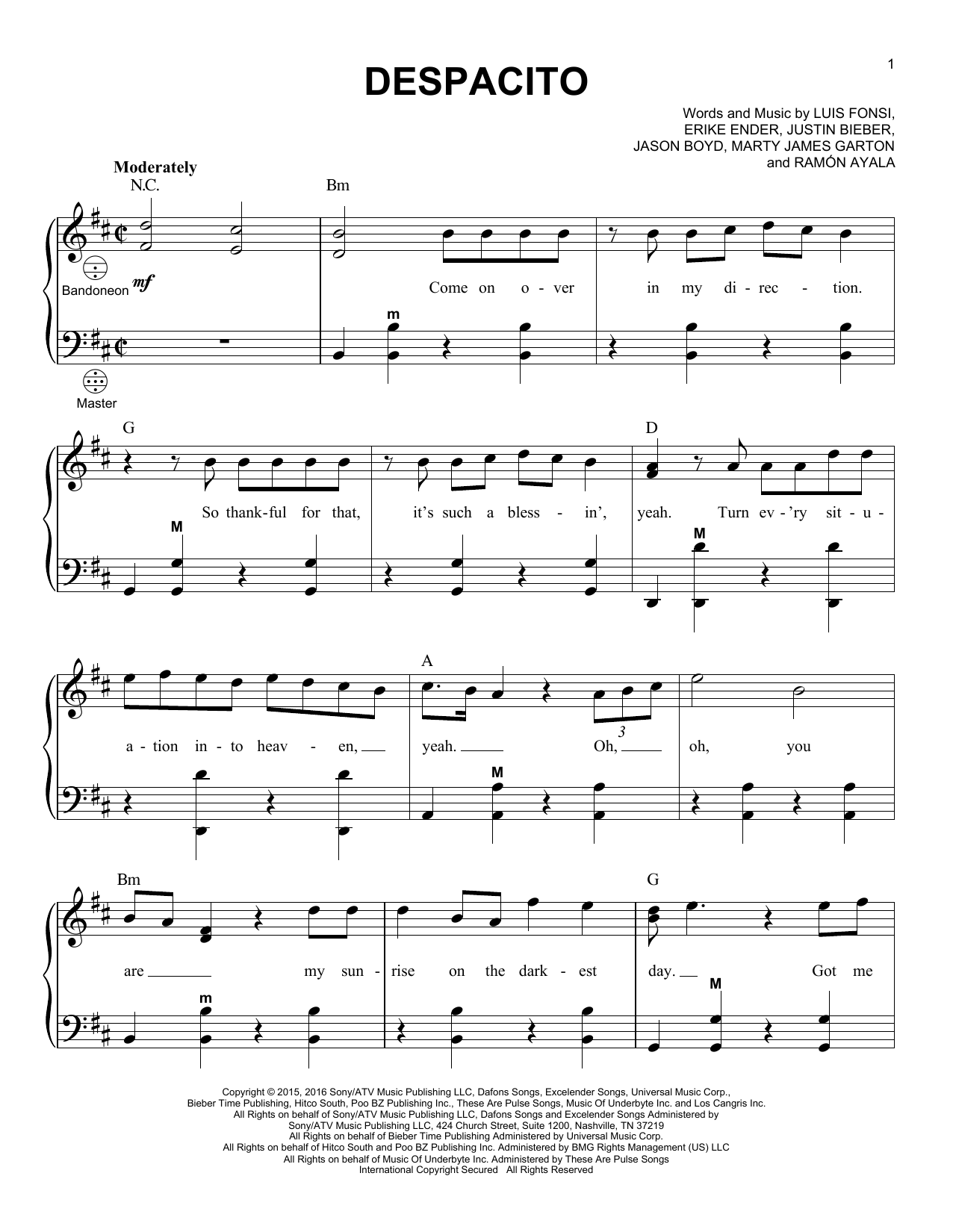 Luis Fonsi & Daddy Yankee Despacito (feat. Justin Bieber) sheet music notes and chords. Download Printable PDF.