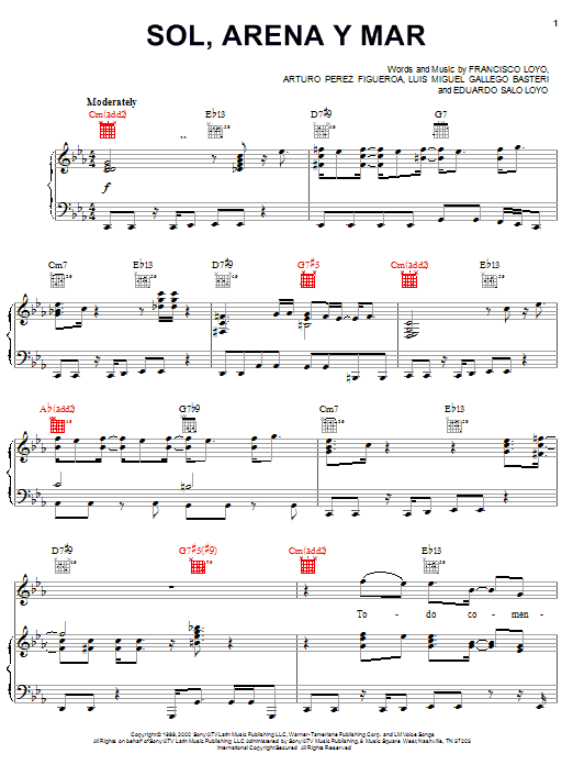 Learn to play Luis Miguel Sol, Arena, Y Mar sheet music for Piano, Vocal & Guitar Chords (Right-Hand Melody) in minutes. Price: 7.8900$ Luis Miguel Sol, Arena, Y Mar sheet music notes and chords arranged for Piano, Vocal & Guitar Chords (Right-Hand Melody)
