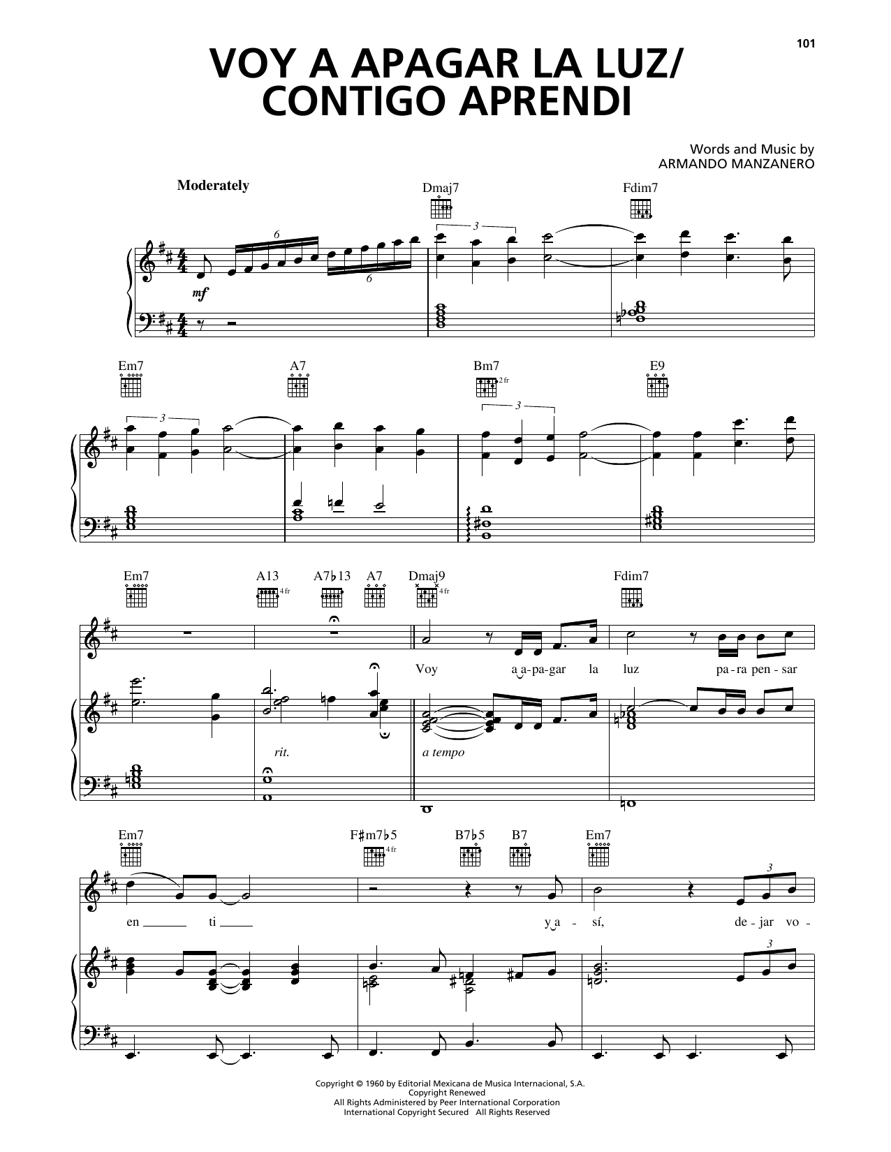 Luis Miguel Voy A Apagar La Luz sheet music notes and chords arranged for Piano, Vocal & Guitar Chords (Right-Hand Melody)