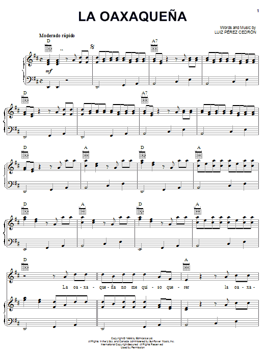 Learn to play Luiz Perez Cedron La Oaxaquena sheet music for Piano, Vocal & Guitar Chords (Right-Hand Melody) in minutes. Price: 7.8900$ Luiz Perez Cedron La Oaxaquena sheet music notes and chords arranged for Piano, Vocal & Guitar Chords (Right-Hand Melody)