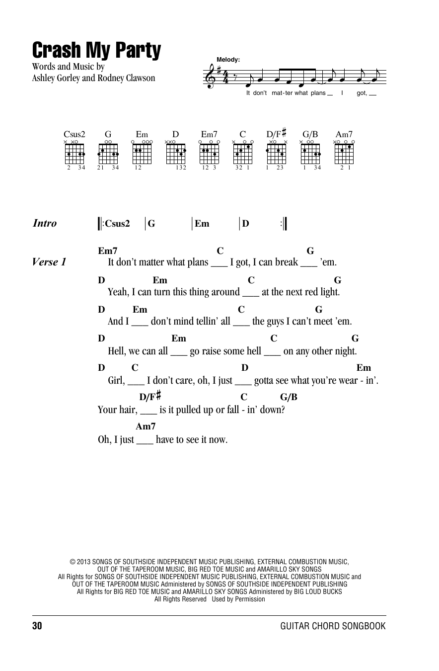 Luke Bryan Crash My Party sheet music notes and chords. Download Printable PDF.