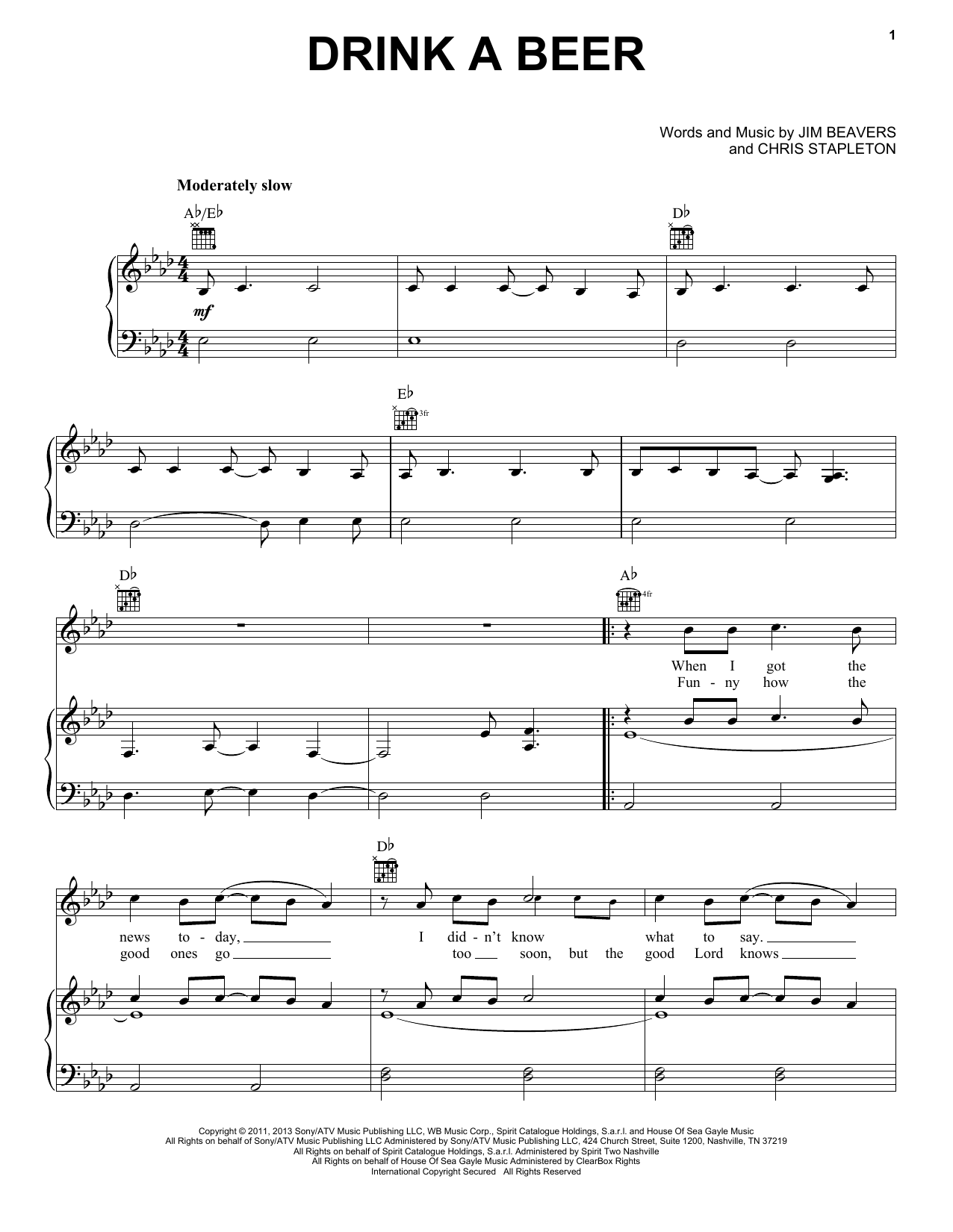 Learn to play Luke Bryan Drink A Beer sheet music for Piano, Vocal & Guitar Chords (Right-Hand Melody) in minutes. Price: 7.8900$ Luke Bryan Drink A Beer sheet music notes and chords arranged for Piano, Vocal & Guitar Chords (Right-Hand Melody)