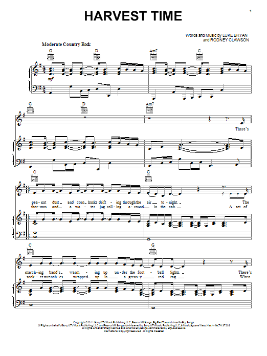 Learn to play Luke Bryan Harvest Time sheet music for Piano, Vocal & Guitar Chords (Right-Hand Melody) in minutes. Price: 7.8900$ Luke Bryan Harvest Time sheet music notes and chords arranged for Piano, Vocal & Guitar Chords (Right-Hand Melody)